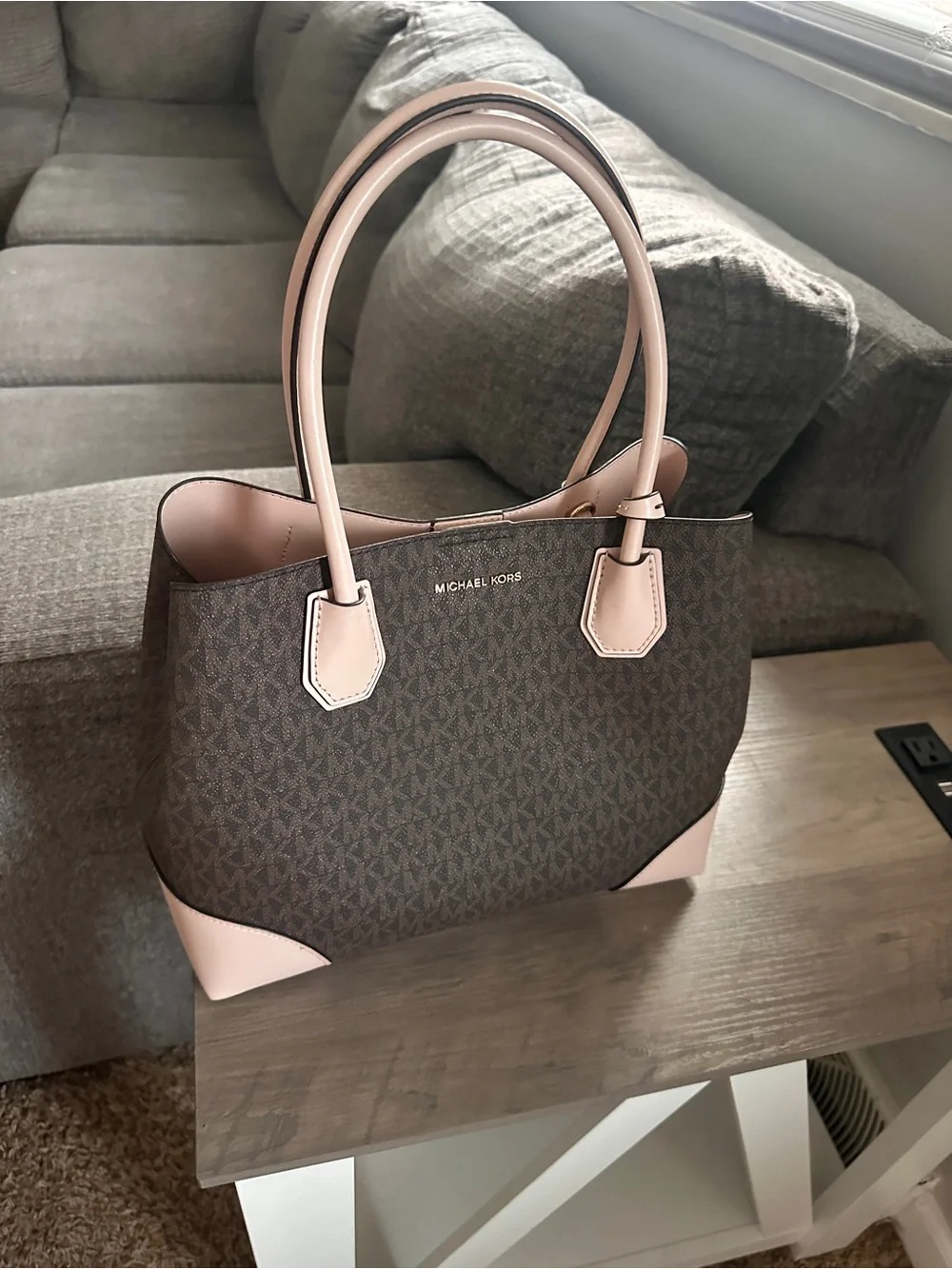 Michael Kors Brown Signature Tote with Blush Pink Trim